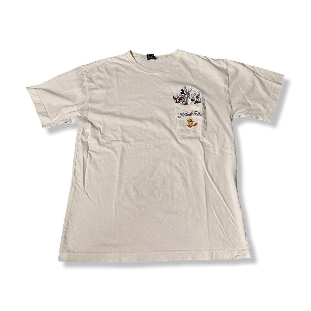 Vintage 90s Looney Tunes Warner Bros White Pocket T Shirt Size Large